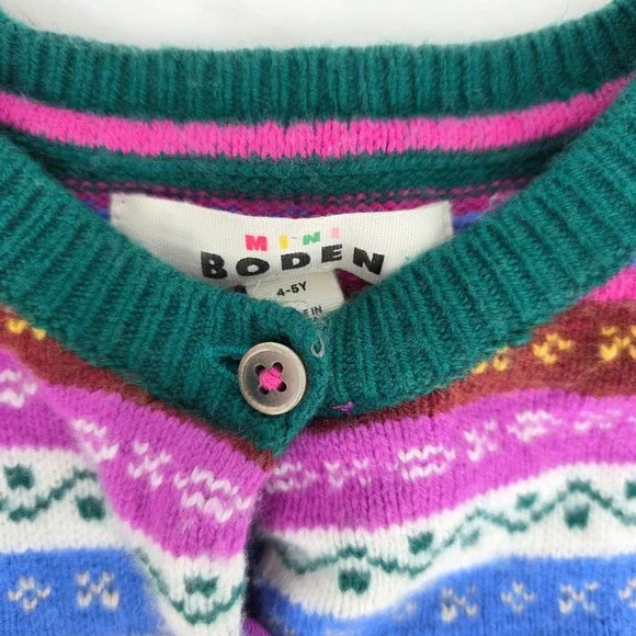 Mini Boden Girls Fair Isle Button Rainbow Multi Stripe Cardigan Size 4-5 Years - Picture 2 of 4